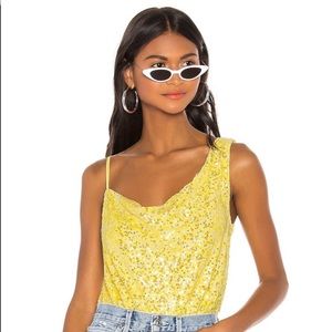 h:ours Louisa Bodysuit in Iridescent Canary Sequined Yellow